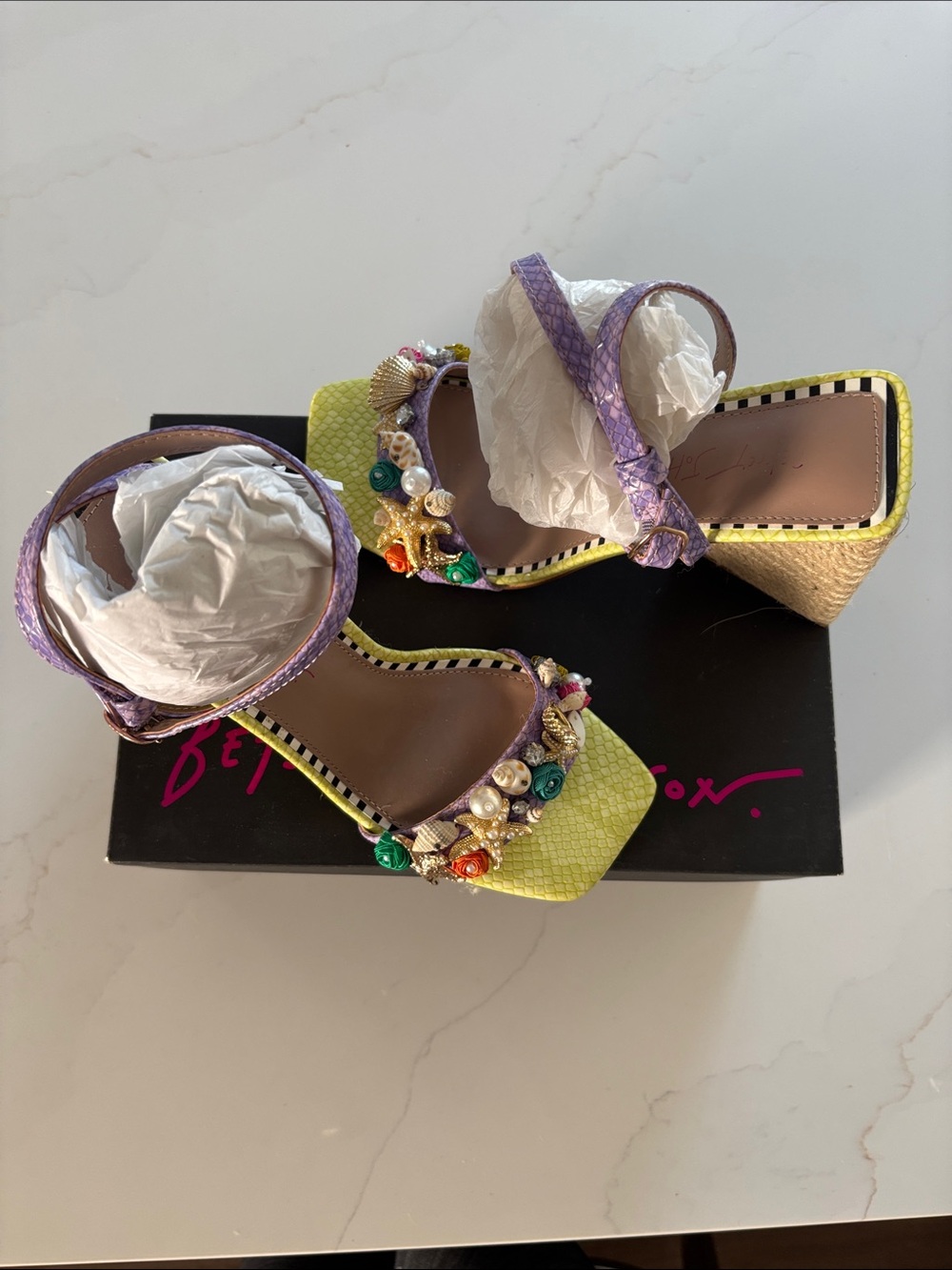 Betsey Johnson Yellow & Purple Floral Pearl Embellished Block Heel Sandals - Picture 2 of 11